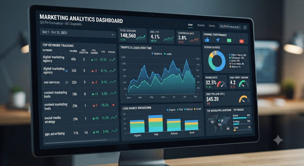 Digital marketing dashboard showing keyword tracking metrics.