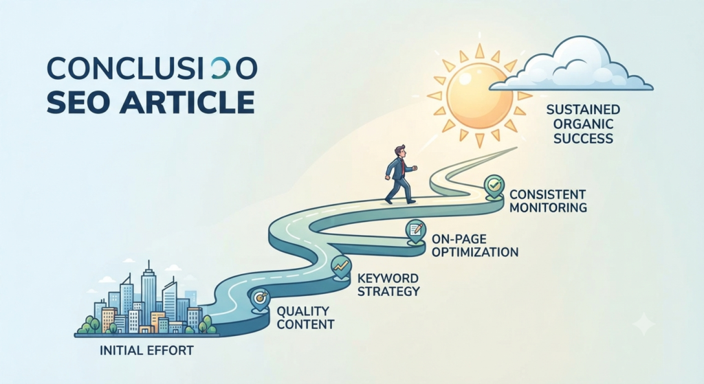 A visual representation of a winding pathway showing SEO milestones (Quality Content, Keyword Strategy, On-Page Optimization, Consistent Monitoring) leading to sustained organic search engine optimisation success