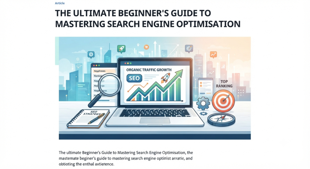 A digital illustration of a workspace featuring an analytics dashboard with organic traffic growth charts, a strategy notebook, and a magnifying glass, representing Search Engine Optimisation.