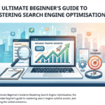 A digital illustration of a workspace featuring an analytics dashboard with organic traffic growth charts, a strategy notebook, and a magnifying glass, representing Search Engine Optimisation.
