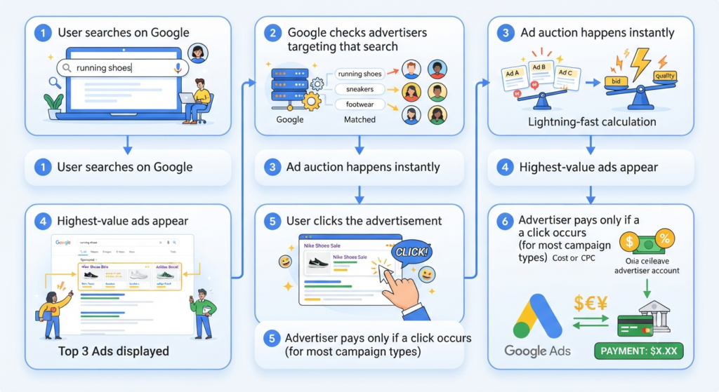 A detailed 6-step flowchart illustrating how Google Ads work, from a user's search query through the ad auction to the final pay-per-click payment model.